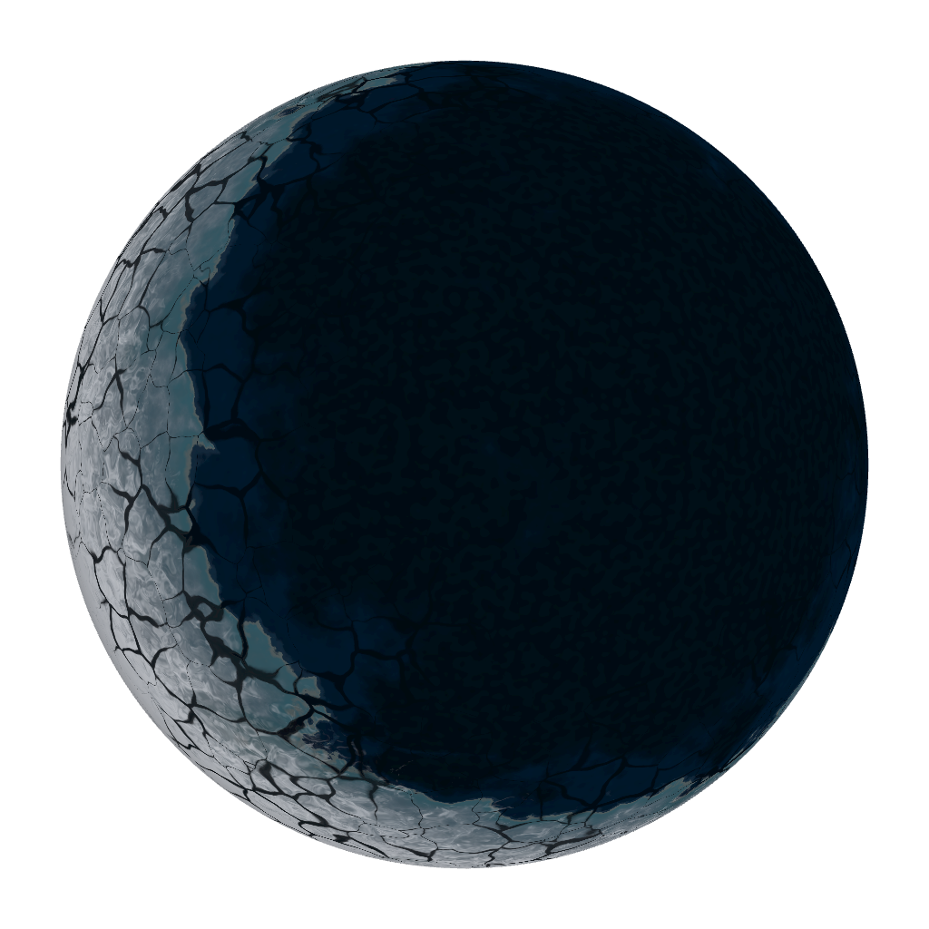 Figure 1. TRAPPIST-1 f rendered as a tidally locked ice-ocean eyeball: dark open ocean on the star-facing hemisphere, Voronoi-cracked pack ice consolidating toward the night side. Classification from the recorded record (rocky size, habitable-zone cold edge, locked); every surface feature is seeded noise.