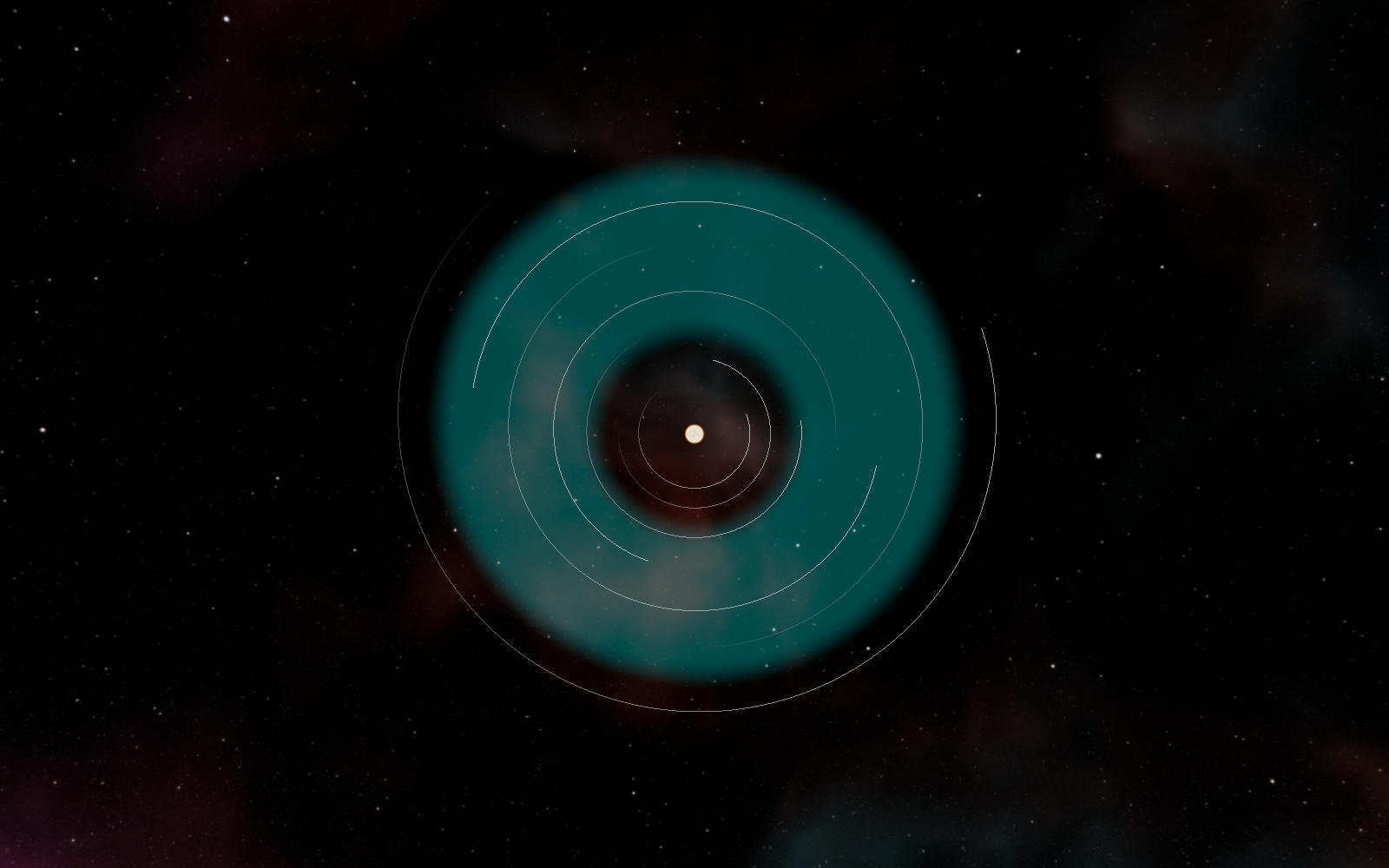 Figure 2. The habitable-zone annulus around TRAPPIST-1, computed per star from the Kopparapu et al. (2013) flux boundaries. All seven orbits are visible; three thread the zone. The whole band lies within a twentieth of an AU of the star.