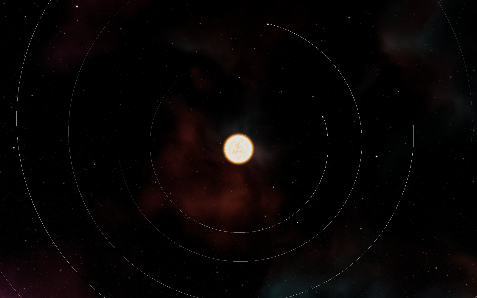 Figure 1. The system viewer: TRAPPIST-1, its planets on live Keplerian orbits. Each orbit line tapers behind its planet and fades as the camera approaches; the star's colour and granulation derive from its recorded temperature (§ Stars from temperature).